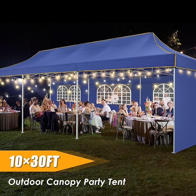 HOTEEL 10x30 Heavy Duty Pop Up Canopy Tent with 5 Sidewalls&Wheeled Bag, Commercial Event Party Tent Wedding Instant Canopy Waterproof, Upgraded Thicked Hexagonal Legs, UV 50+, Deep Blue