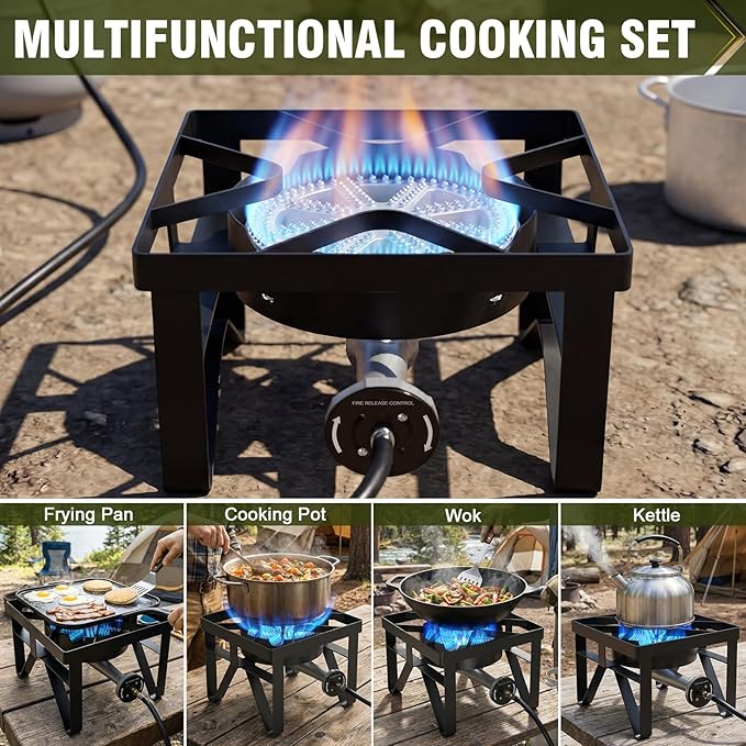 BESTFIRE 200,000 BTU Heavy Duty Propane Burner, High Pressure Outdoor Gas Stove with 0-20 PSI Adjustable Regulator & Hose, Portable Single Burner for Home Brewing, Turkey Fryer, Wok Cooking & Camping