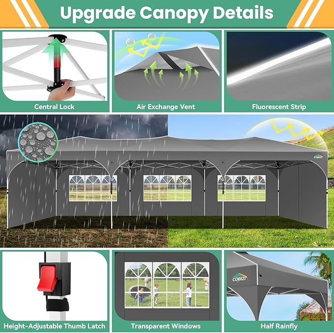 COBIZI 10x30 Pop Up Canopy Tent, Outdoor Party Tent with 5 Sidewalls, 1 Person Easy Set up, Tents for Parties with Fluorescent Strip & 4 Sandbags, Waterproof UPF50+, 3 Adjustable Height, Gray
