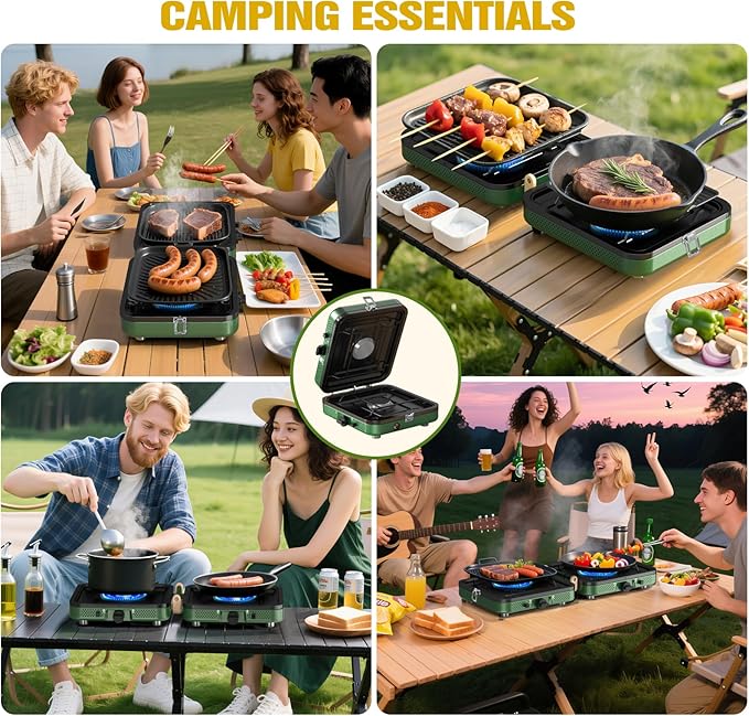 2 Burner Camping Stove, 20000 BTU Propane Camp Stove Portable Folding Gas Travel Stove Camping Essentials Gears Includes Grill,Carrying Bag, Adjustable Burners & Piezo Ignition for Tailgating,BBQ,Camp