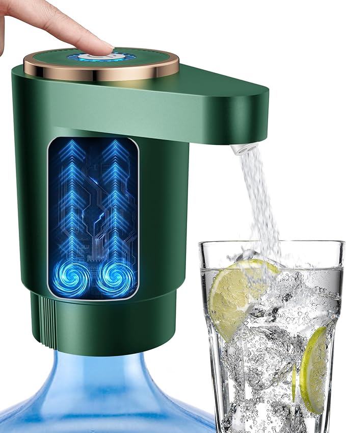 Water Jug Pump for 5 Gallon Bottle – Portable Electric USB-C Charging Dispenser, Dual Powerful Motors, Fast Flow, Fits 2-5 Gallon Jugs – Ideal for Home, Office, Camping, RV, Dark Green