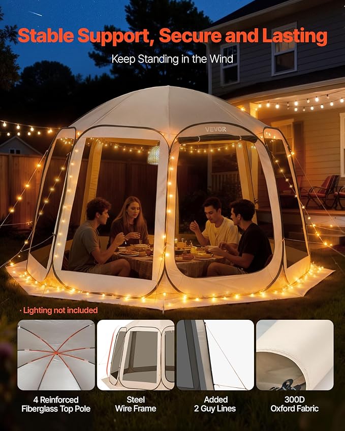 VEVOR 12 x 11 ft Pop up Screen House Tent, 10-12 Person Screen Gazebo w/Carry Bag, Netting Sides & Ground Stakes, Quick Setup, Screened in Canopy for Garden, Patio & Backyard, Outdoor, Beige