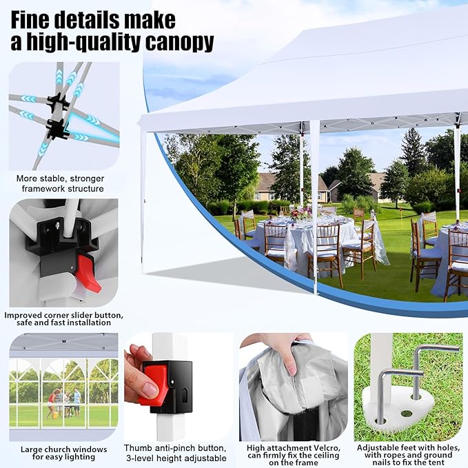 COBIZI 10x20 Pop Up Canopy with 6 Sidewall, Commercial Canopy UPF 50+ Waterproof Outdoor Gazebo with Carry Bag, Tents for Parties with Upgrade Frame, 3 Height Adjustable, White
