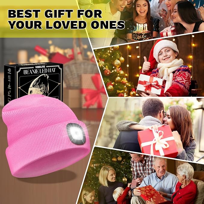 VIBELITE LED Beanie Hat with Light, USB Rechargeable LED Headlamp for Hiking, Camping, Gifts for Men, Dad, Teen Boys, Husband, Women, Boyfriend, Birthday Gifts for Women, Pink