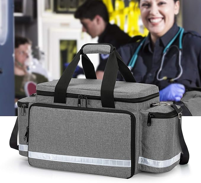 Trunab Professional Medical Bag, First Aid Storage Bag, Empty Emergency Responder Trauma Bag with Inner Dividers and No-Scratch Bottom, Ideal for EMT, EMS, Paramedics, Grey, Bag ONLY