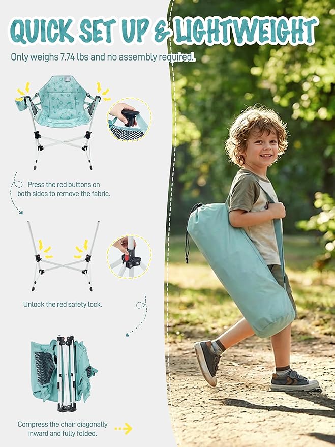 EVER ADVANCED Kids Hammock Chair Foldable, Kids Camping Chair with Stand Portable, Hammock Swing Chair with Cup Holder, Child Camping Gear Carry Bag for Traveling Outdoor Patio Supports 125LBS Green