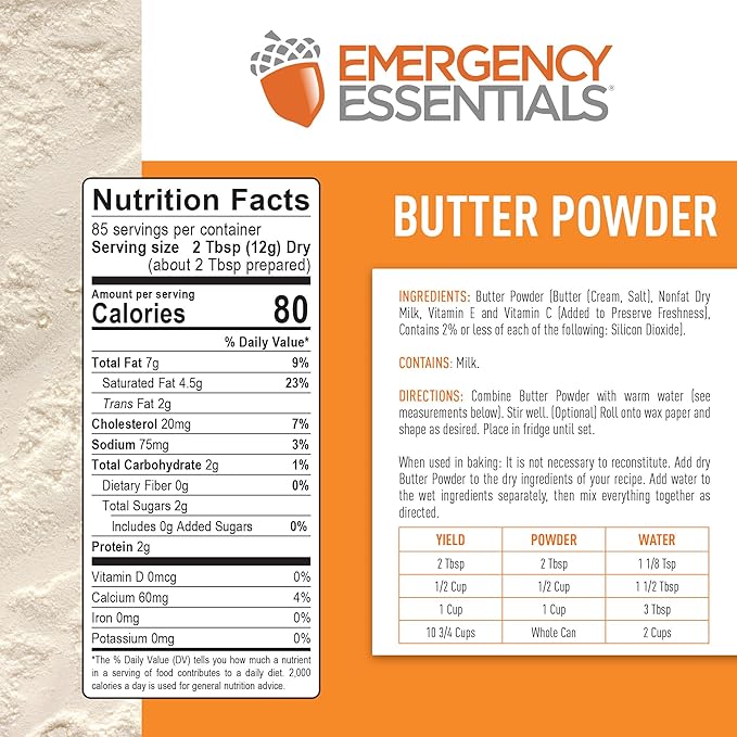 Emergency Essentials, Butter Powder, Emergency Food Supply, High-Calorie Survival Food, 2-lb. Large Can, 10-Year Shelf Life