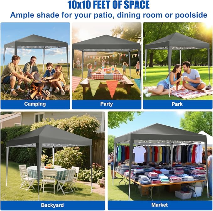 Yesker 10x10 Pop Up Canopy Tent UPF 50+ Waterproof Outdoor Canopy Portable Folding Easy Setup Gazebo Adjustable Height Instant Sun Shade Tent with Wheeled Bag for Events Parties Camping Patio, Gray