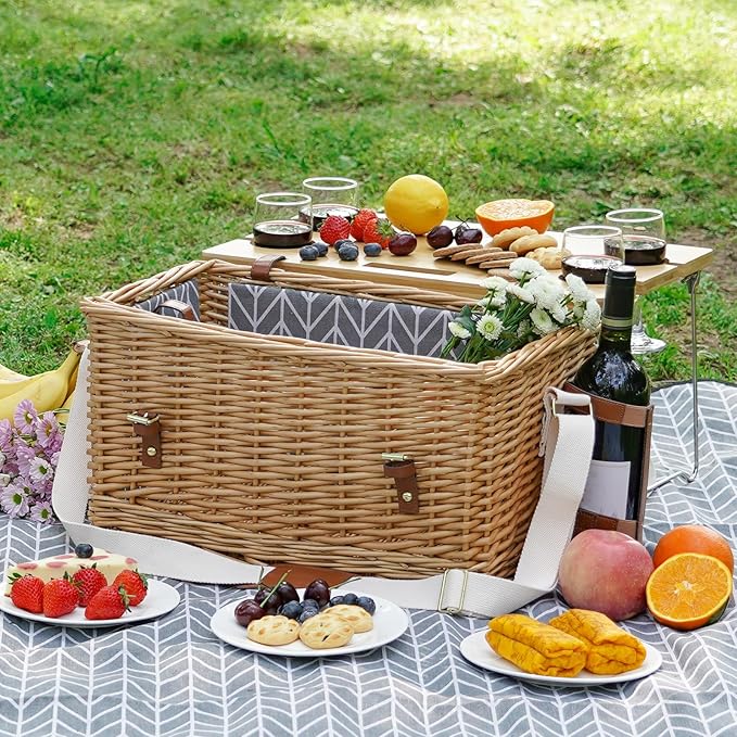 Luxury Picnic Basket, Wicker Picnic Basket Set for 4, Picnic Basket with Blanket & Portable Table for Camping and Outdoor Party - Gray