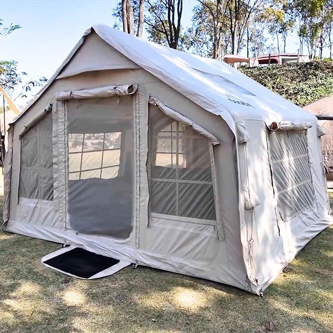 Coody Inflatable Canvas Camping Tents with Stove Jack – Premium Air Beam Family Glamping Tent, Breathable Cotton Canvas, Fast Setup Air Tent with Pump