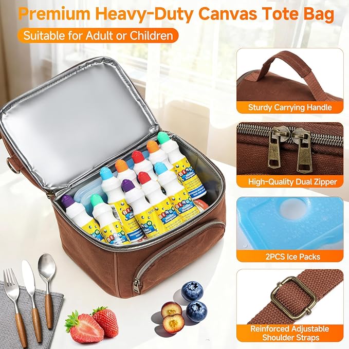 Waxed Canvas Lunch Bag for Men, Small Soft Cooler Bags Insulated with 2 Ice packs, Women Lunch Bags for Work, 10.5L 2 Compartments Leakproof Lunchbox for Work, Camping, Beach and Road Trips