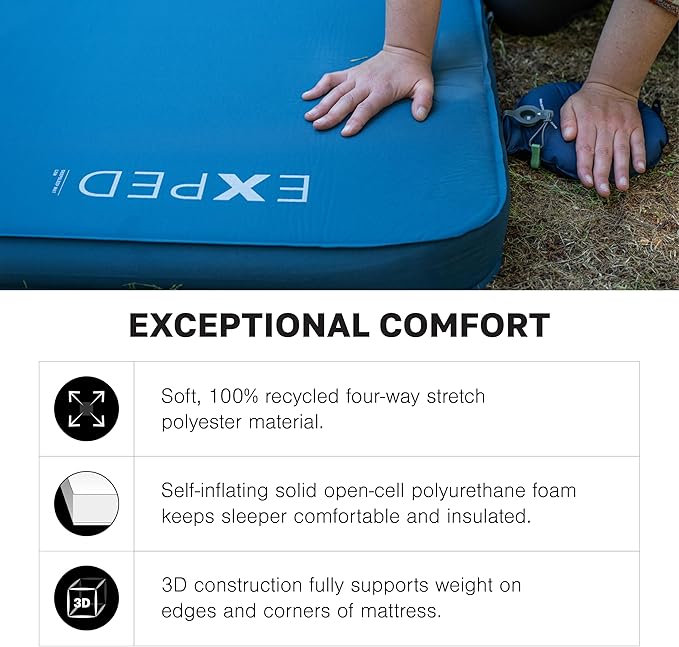 Exped DeepSleep Mat Duo Medium - Self Inflating Firm Car Sleeping Mat, 3” Foam Pad, Pump Included