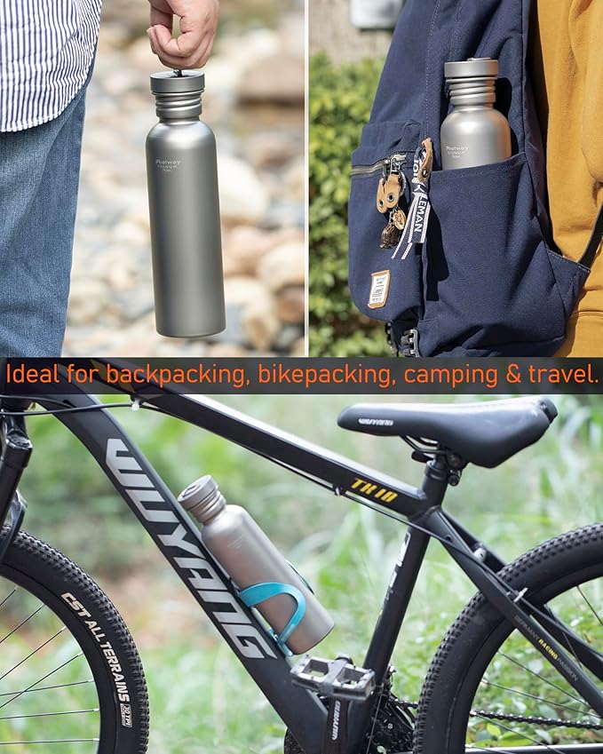 25oz Titanium Water Bottle, Ultralight Single Wall Titanium Flask for Boiling Water, Leakproof Sports Bottle for Camping, Hiking, Cycling & Outdoor Use