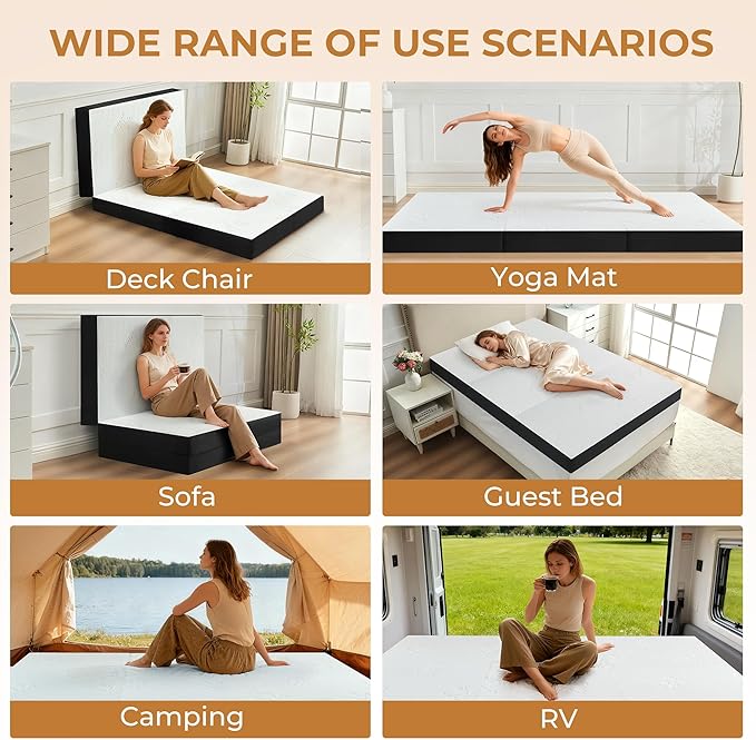 4 Inch Trifold Mattress, Cot Size Foldable Memory Foam Mattress with Viscose Derived from Bamboo Washable Cover, Portable Folding Mattress Topper for Camping, Guest, RV, Ventilated