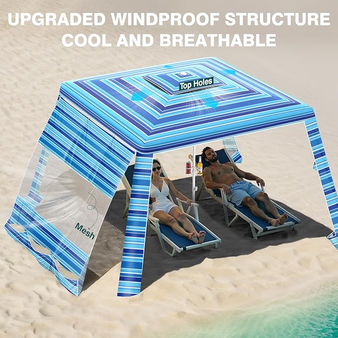 Rhino Valley Beach Cabana, 8 * 8FT Beach Tent UPF50+ Protection, Easy Setup Beach Canopy Wind Resistant with Cup Holder, Compact Beach Shade Foldable Beach Tent Sun Shelter, Blue Four Stripes