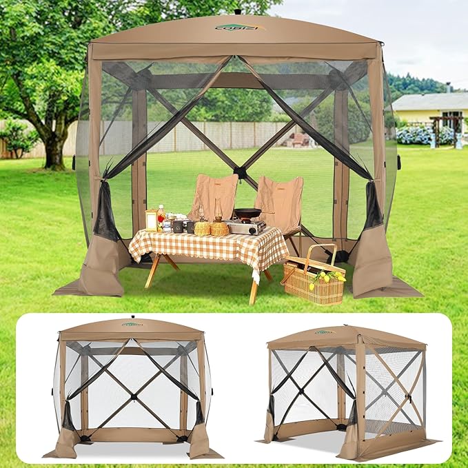 COBIZI 6x6 FT Pop up Gazebo Tent, Waterproof Instant Screen with Mosquito Netting, Portable Outdoor Small Screen Tents Sun Shelter, carpas para Patio for Outdoor Camping, Backyard and Garden, Khaki