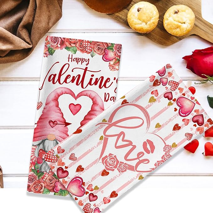 Valentines Day Kitchen Towels, Valentine Towels Set of 2, Gnomes Love Hearts Roses Happy Valentine's Day Hand Dish Tea Towels for Bathroom Housewarming Gifts Decorations for Home (18x28 Inches)