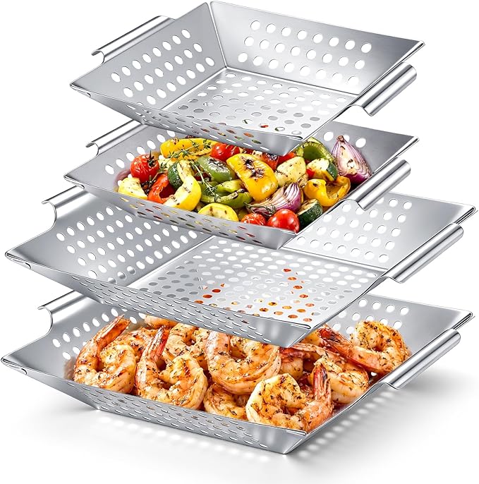 Mifoci 4 Pcs Vegetables Grill Baskets for Outdoor Grilling 14.17'' 9.65'' Extra Large Stainless Steel Vegetable Grill Basket with Handles for Veggies BBQ Accessories Camping Smokers Gifts, 2 Sizes