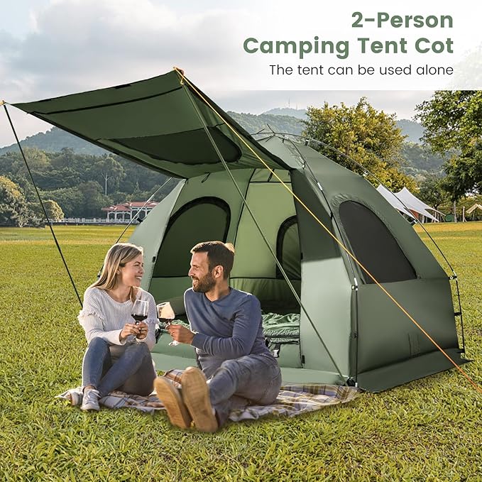 Goplus Camping Tent Cot, 5-in-1 Folding Camping Bed with Air Mattress, Pillow, Sleeping Bag, Waterproof Elevated Tent Shelter, Portable Outdoor Sleeping Cot with Carry Bag for Picnic, Trip