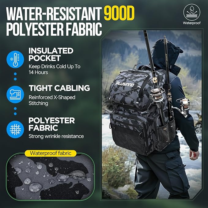 PLUSINNO Cooler Fishing Backpack with Rod Holders 45L Large Water-resistant Fishing Tackle bag Store Fishing Gear Fishing Gifts for Men Father, Sport Bags