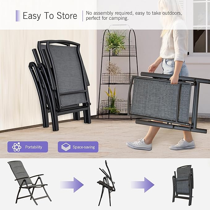 Domi Folding Patio Chairs Set of 2, Aluminium Frame Reclining Sling Lawn Chairs with Adjustable High Backrest, Patio Dining Chairs for Outdoor,Porch,Balcony (Double-Layered Textilene Fabric)