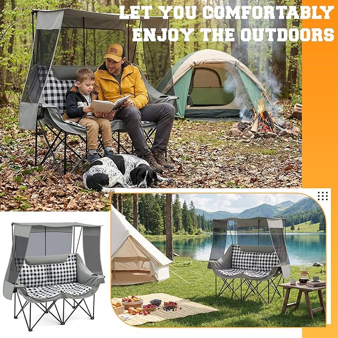 Double Camping Chair with Canopy Shade Oversized Folding Loveseat with Roof, 660lbs Heavy Duty Outdoor Lawn Chair with Holders Pocket for Camping, Fishing (Heating Zones for Cool Evenings)(Gray Plaid)