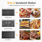Sunvivi 3 in 1 Sandwich Maker, Electric Waffle Maker with Removable Non-stick Plates, 1000W Panini Press Grill with Glass Top, Cool Touch Handle & Easy to Clean, Blue