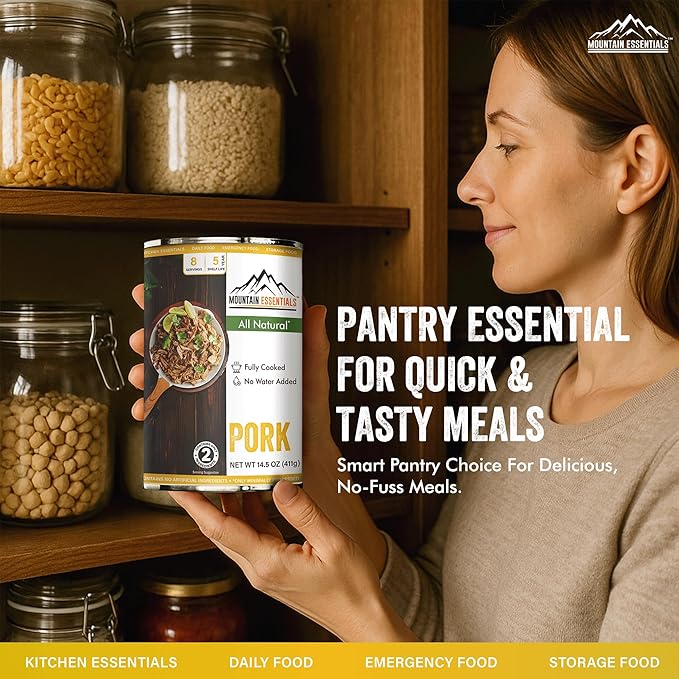 MOUNTAIN ESSENTIALS Canned Pork 14.5 oz – Fully Cooked, Ready to Eat – Pantry Staple Meat for Everyday Meals, Premium Emergency Survival, Bulk Food Storage, Camping, Hiking & Quick Meals – 5-Year Shelf Life – Made in USA – Gluten Free, No Carbs Pack of 6