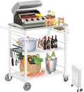Ciokea Folding Outdoor Grill Cart with Wheels, 3-Shelf Grill Table with 27x18 inch Stainless Steel Top, Rolling Pizza Oven Stand, Metal Portable Cart for BBQ Patio Camping (White)