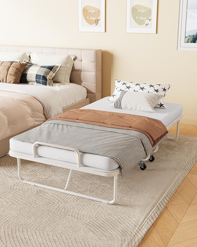 Zenzy Cot Folding Bed with Mattress, CertiPUR-US Certified 4" Mattress Topper & Sturdy Metal Frame, Fold Up Bed for Guest/Bedroom/Office/Camp, 75" x 31", White