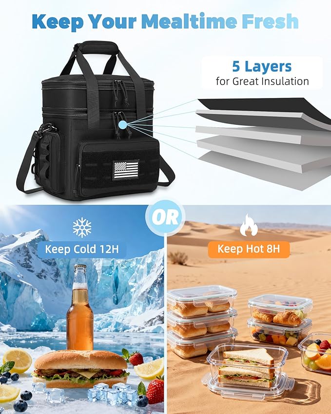 Tactical Lunch Bag & Lunch Box for Men - Large Double Deck Expandable Insulated Soft Adult Lunchbox for Work - Cooler Bag for Beach, Picnic, Camping,Outdoor，Travel (Black,23L)