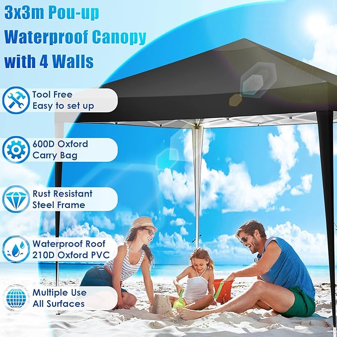 COBIZI Canopy 10x10 Pop Up Canopy Tent Party Tents for Parties Weddings Backyard Waterproof Canopy Outdoor Commercial Canopy Event Tent with Stakes, Ropes, Sandbags, Black