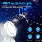 AMAKER LED Headlamp Rechargeable, 9000mAh Long Battery Head Lamp with 12 Modes, IPX7 Waterproof USB Rechargeable Headlight, Zoomable Headlamp for Adults, 90° Adjustable for Camping Hunting Climbing