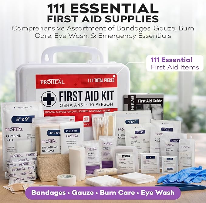 OSHA Compliant First Aid Kit - 10 Person, Type III, ANSI Class A, 111 Pieces for Business, Office, Home, Truck, Car & Construction Site - Wall Mountable | ProHeal