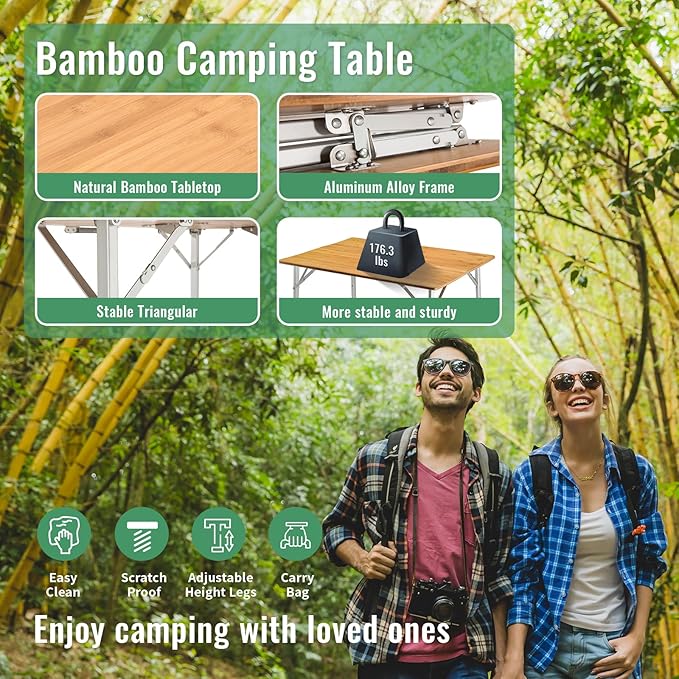 KingCamp Bamboo Folding Camping Table Adjustable. Supports 176lbs with A Premium Bamboo Top and 3 Adjustable Heights, Ideal for Stable Dining or Cooking at Picnics, RVs, and Glamping Sites