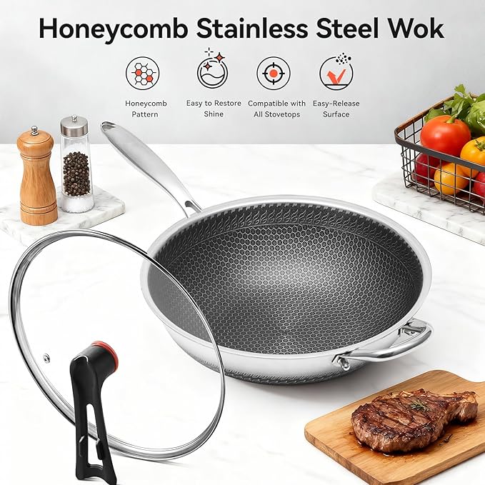 WANGYUANJI Stainless Steel Wok Pan with Lid, 12.6 Inch Honeycomb Hybrid Nonstick Stir Fry Pan, Tri-Ply Clad Skillet for Induction Electric Gas Stove, Dishwasher Safe, No Seasoning Needed (Serves 3-4)