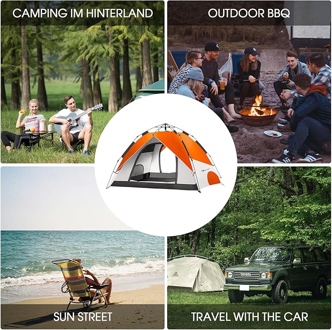 MOON LENCE Pop Up Tent 3-4 Person, 60s Instant Setup Camping Tent with 2 Doors, Water-Resistant & Windproof Dome Tent for Car Camping, Backyard, Traveling