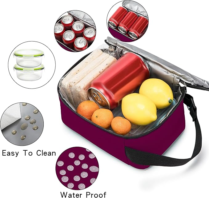 BEIMILY Lunch Box for Men Women Adults,Mini Insulated Lunch Bag for Office Work Picnic,Reusable Portable Lunchbox,Soft Cooler Tote Bag,6 can cooler bag,Mini,Dark Red