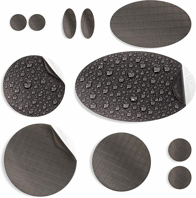 aZengear Repair Patches for Jackets, Tent, Shoe Toe, Air Mattress, Inflatables, PVC Gear - Waterproof, Self-Adhesive, Tear-Cold-Heat-Resistant, Down Puffer Coat (11 Pcs, Charcoal Brown)