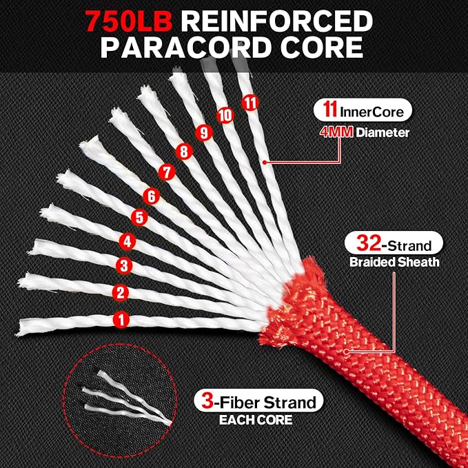 Paracord Rope 750 - Parachute para Cord 4mm 11 Strand Spool Rope Utility Nylon String for Outdoor Camping Survival Utility Tent Crafting DIY Projects - Red 200ft