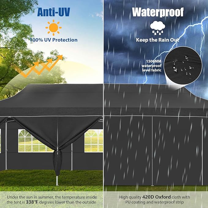 HOTEEL 10x30 Heavy Duty Pop up Canopy Tent for Parties with 8 Sidewalls, Easy Setup Outdoor Commercial Instant Gazebo for Wedding Event, with Portable Bag & Sand Bags, Black(Hexagonal Frame)