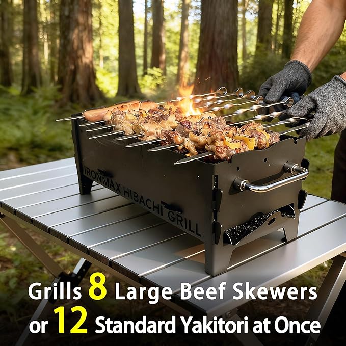 IRONMAX Portable Folding Hibachi Grill, Heavy Duty Charcoal & Wood-Burning Campfire Grill for Outdoor Cooking, Camping Yakitori, Patio & Backyard - 16" x 7.5" x 6.5"