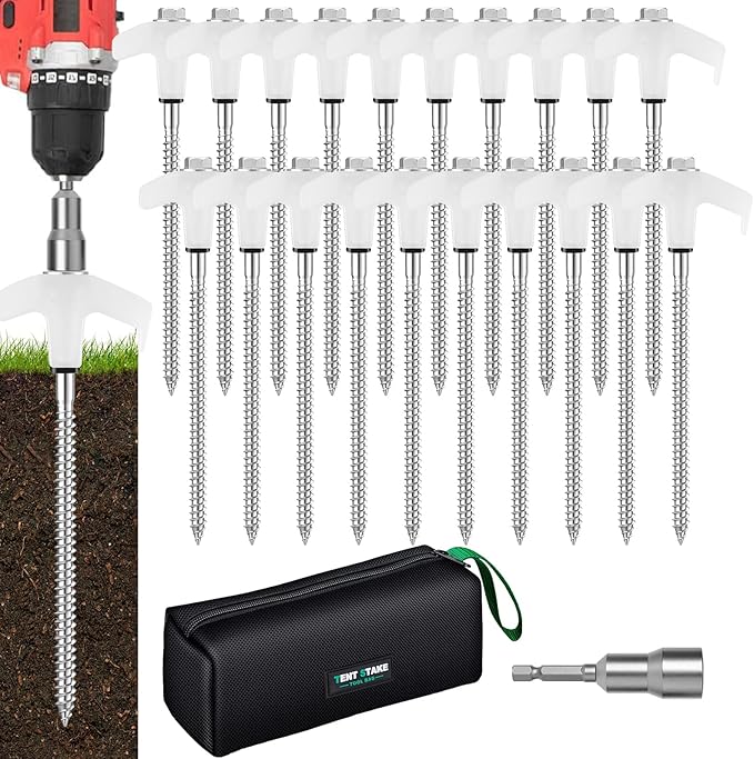 8" Heavy Duty Screw in Tent Stakes, Metal Camping Stakes, Drill-In Ground Anchor, Threaded Stakes for Canopies, Gardening, Yard Inflatables, with Hex Socket and Storage Bag (20, Luminous)