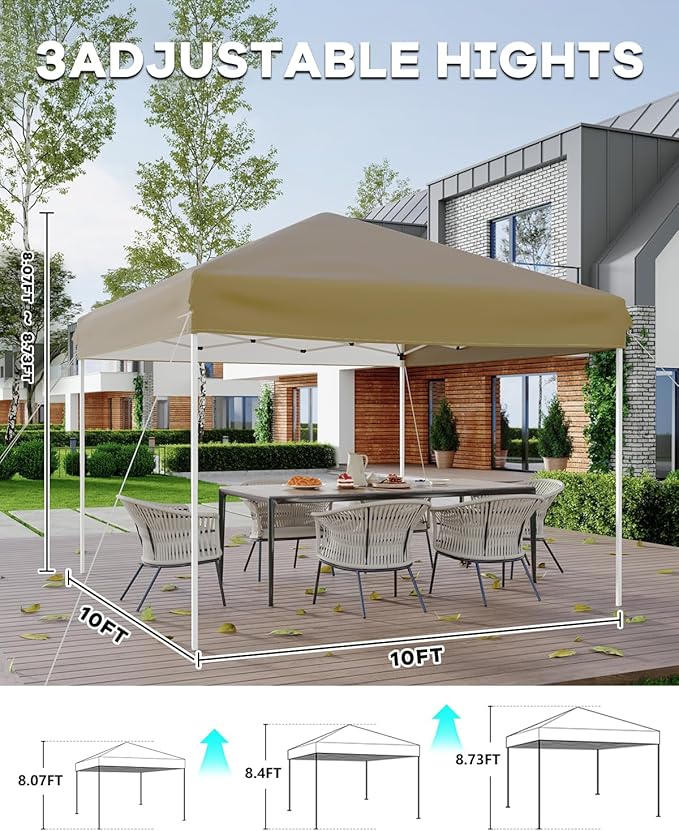 10x10FT Pop Up Canopy, Outdoor Canopy Tent with SandBag & Carry Bag for Commercial Events, Camping, Backyard Parties, Khaki