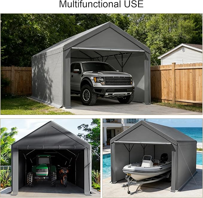 Carport 10x20ft Heavy Duty Canopy,Portable Garage Party Tent,Portable Garage with Removable Sidewalls & Doors All-Season Tarp for Car,Truck,Party Grey