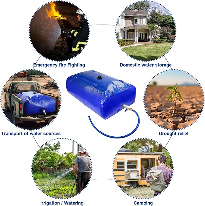 TooTaci 1000L/264Gal Large Capacity Water Storage Bladder, Portable Water Tank with Hose and 3/4" Adapters, for Garden Watering, Drought Resistance, Agricultural Irrigation