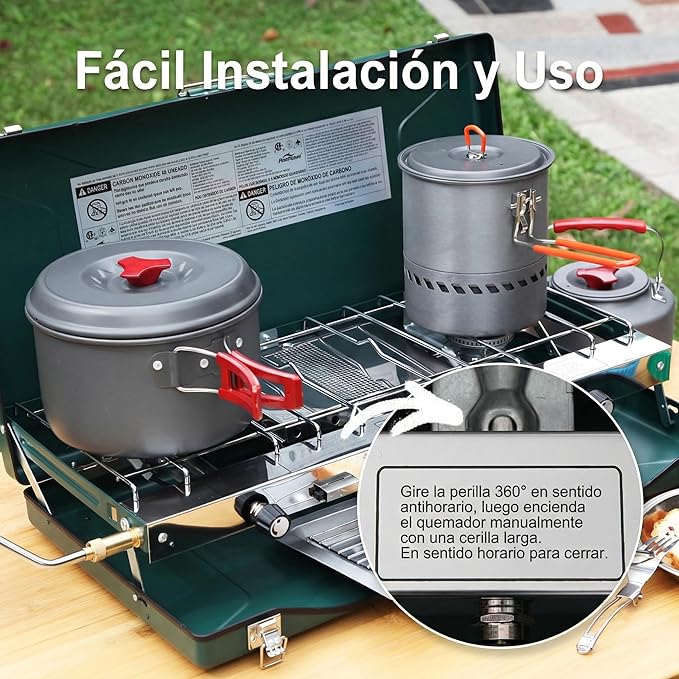 Camping Stove, 3 Burners Propane Portable Camp Stove with Regulator, Push-Button Instant Ignition, Adjustable Burners & Wind Guards for Car BBQ Picnics Outdoor Cooking (GREEN-20400 BTUs)