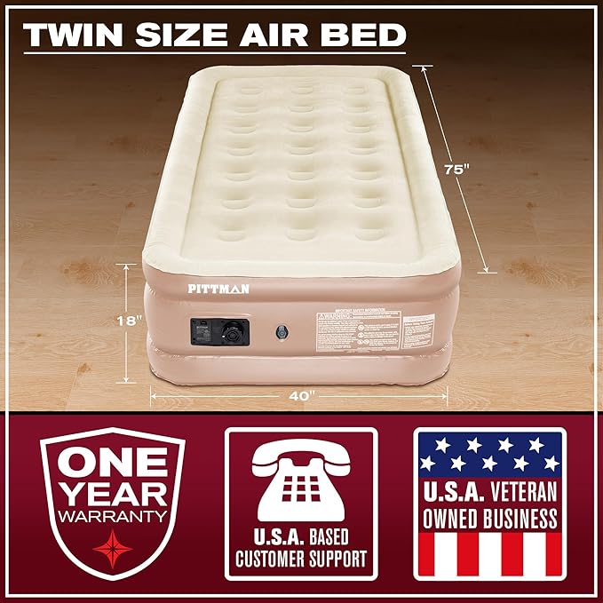 Pittman Outdoors - Tan 18" Luxury Double High Twin Air Mattress with Built in Pump - Premium Comfort Twin Size Blow up Mattress - 300lb Capacity - Ideal for Home Visits, Guests, Travel or Camping