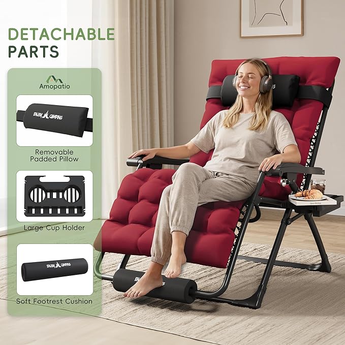 Amopatio Oversized Padded Zero Gravity Chair, XL 29In Reclining Camping Lounge Chair w/Removable Cushion&Headrest, Upgraded Lock and Footrest, Folding Patio Recliner for Indoor Outdoor, Red
