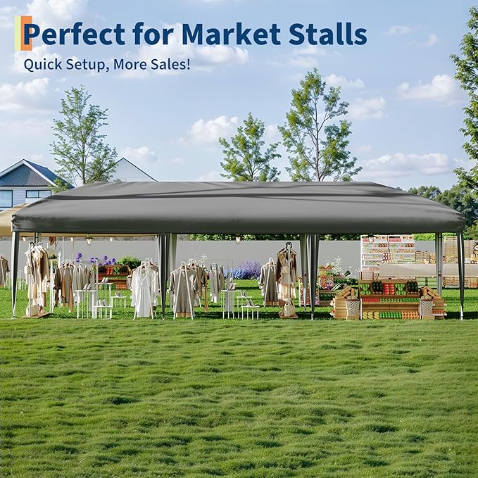 10x30 Pop Up Canopy with 8 SideWalls - Heavy Duty Outdoor Canopy Tent with Portable Roller Bag - 3 Adjustable Height, 4 Weight Bags, 8 Stakes & 6 Guy Ropes Included-Grey